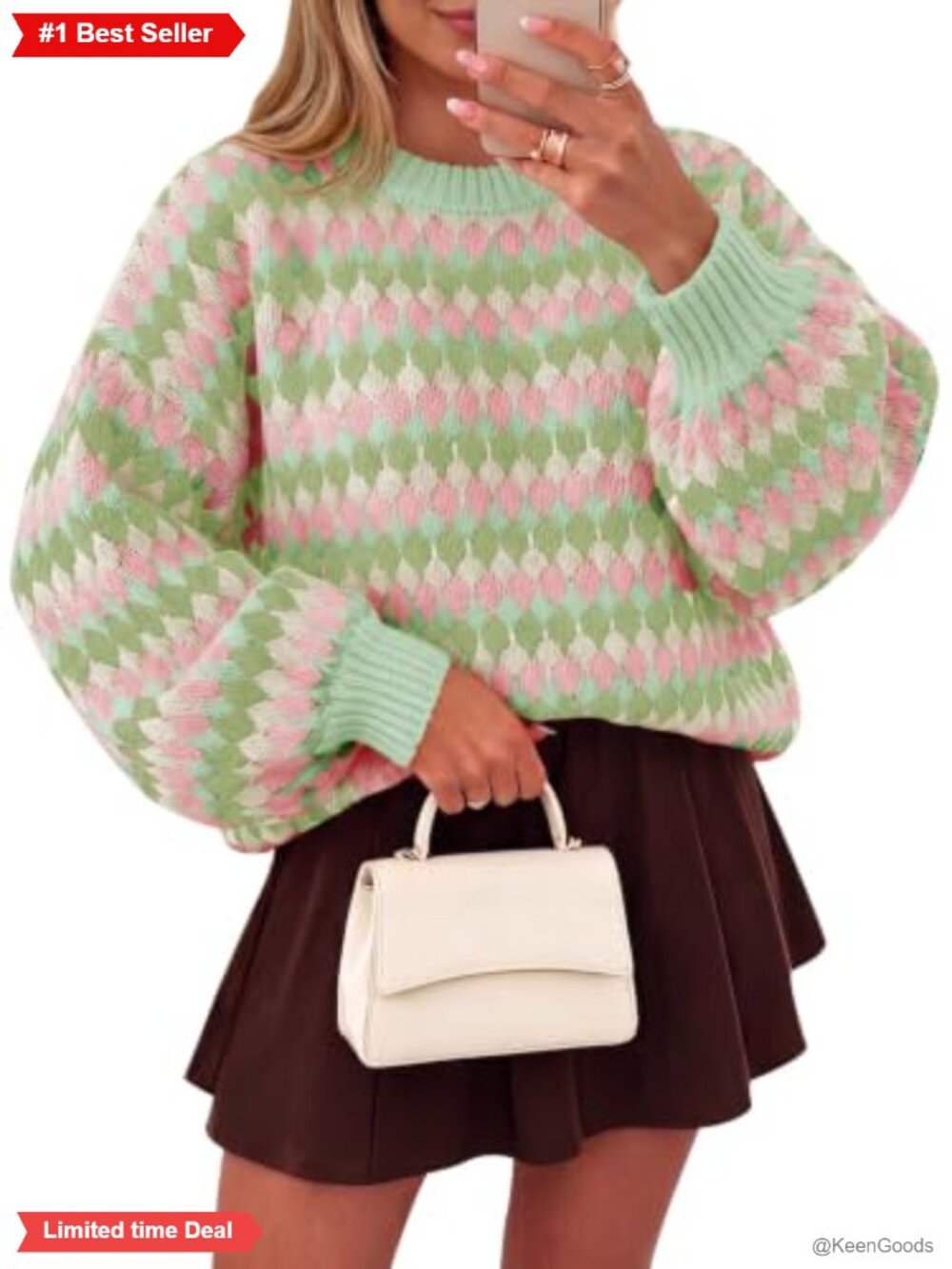 Women's Striped Chunky Knit Lantern Sleeve Pullover Sweater Acrylic